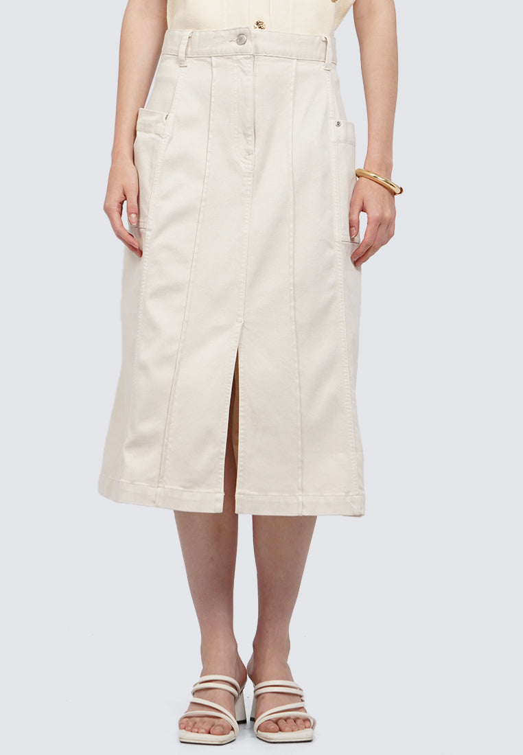 Front Slit Denim Midi Skirt