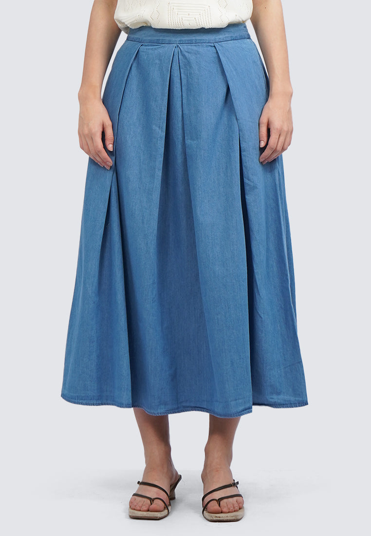 Pleated Chambray Midi Skirt
