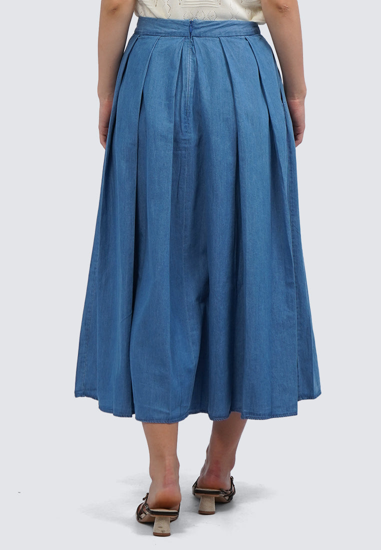 Pleated Chambray Midi Skirt
