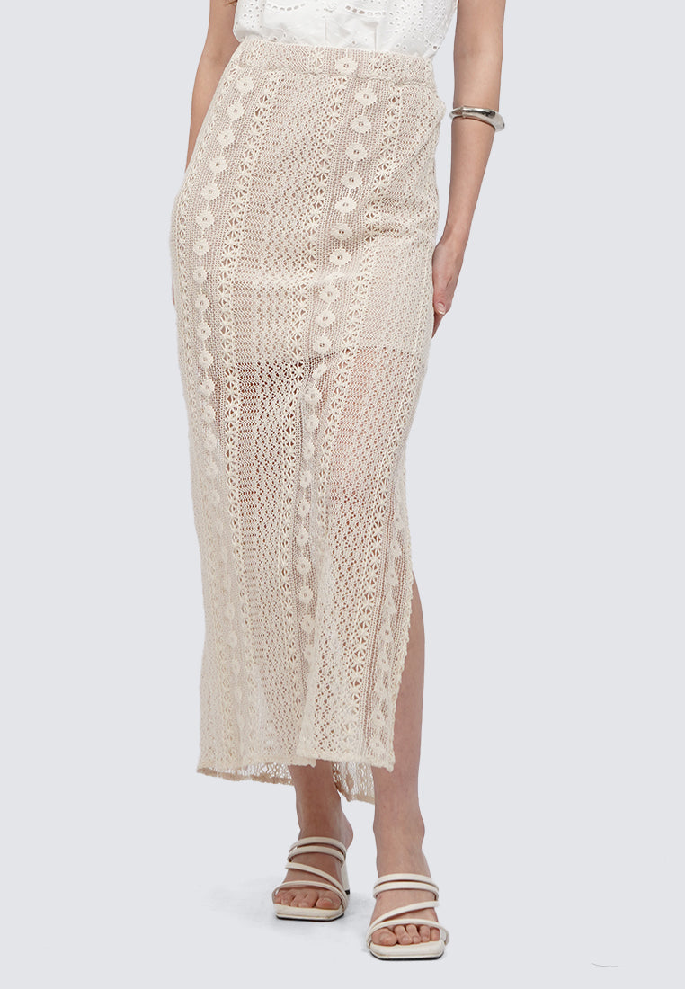 Eyelet Midi Skirt with Slit Details