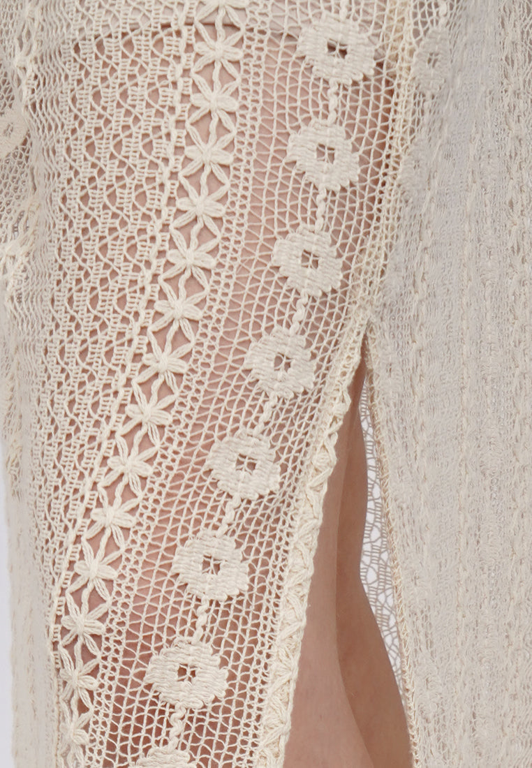 Eyelet Midi Skirt with Slit Details