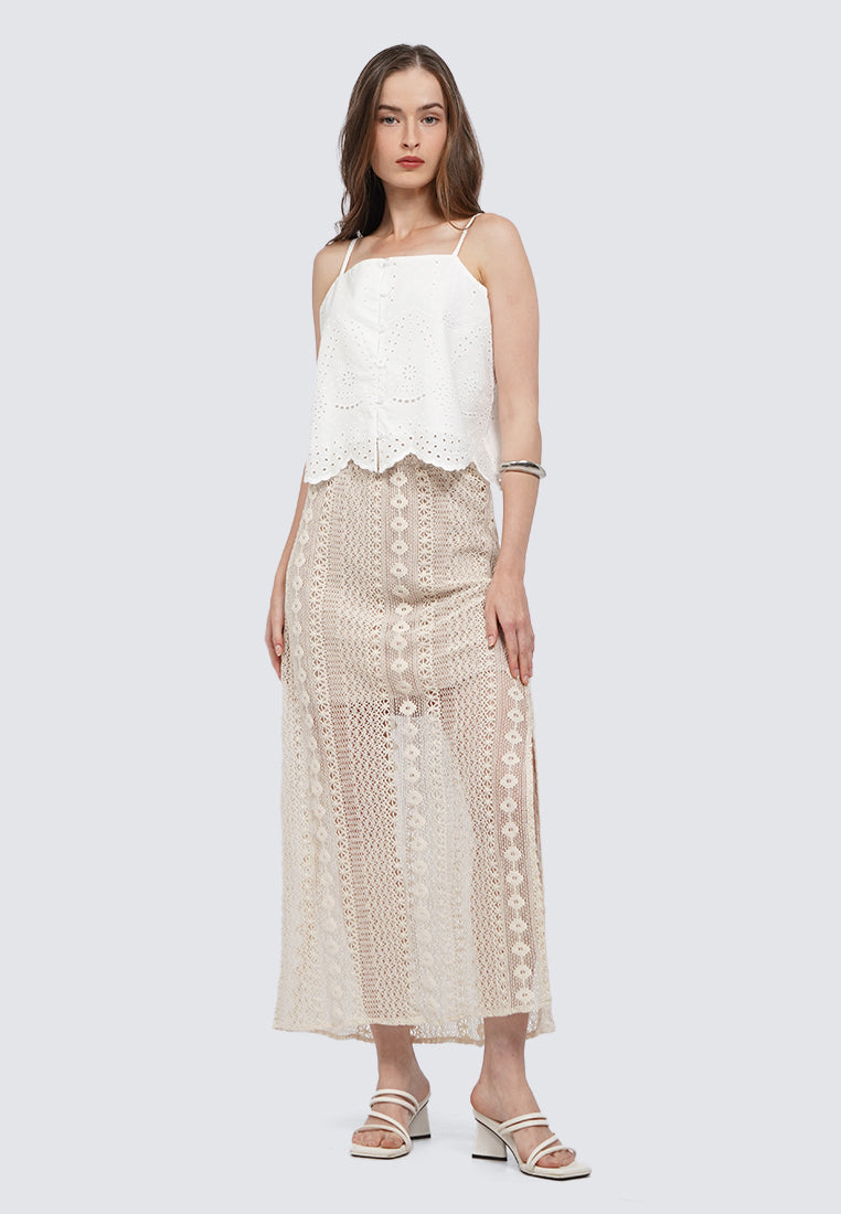 Eyelet Midi Skirt with Slit Details