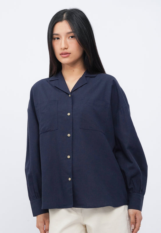 Notch Collar Long Sleeve Blouse