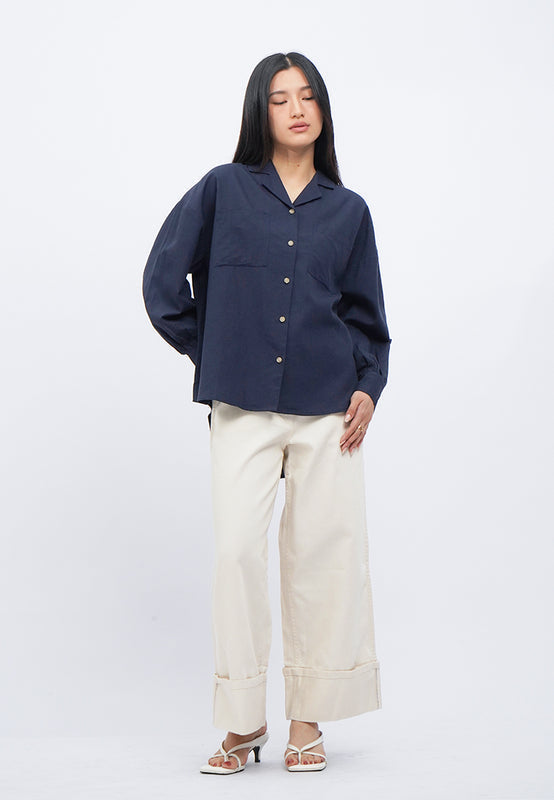 Notch Collar Long Sleeve Blouse
