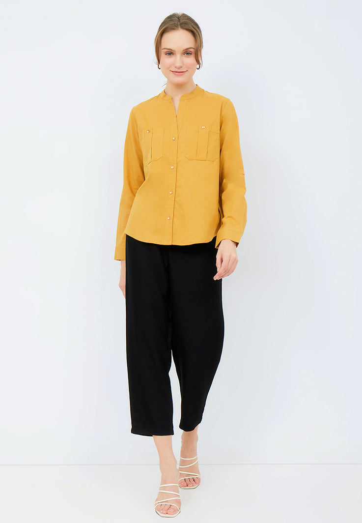 Open Collar Long Sleeve Blouse