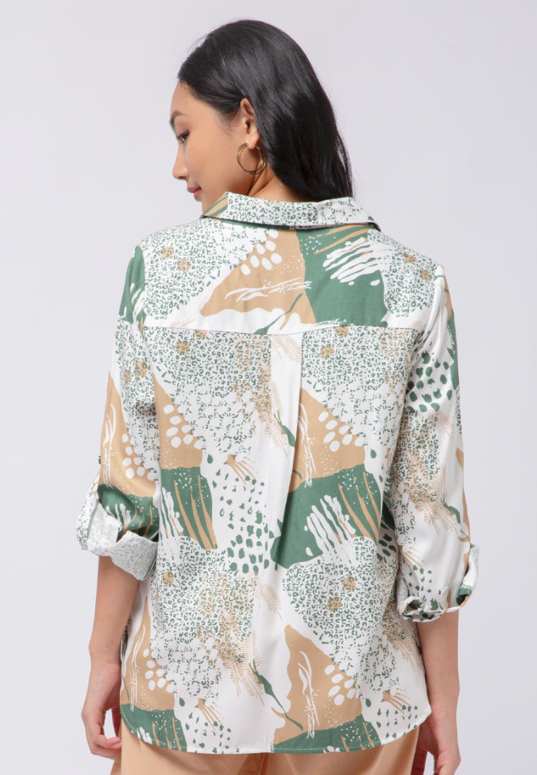 Printed V-Neck Long Sleeve Blouse