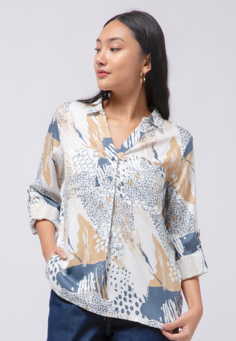 Printed V-Neck Long Sleeve Blouse