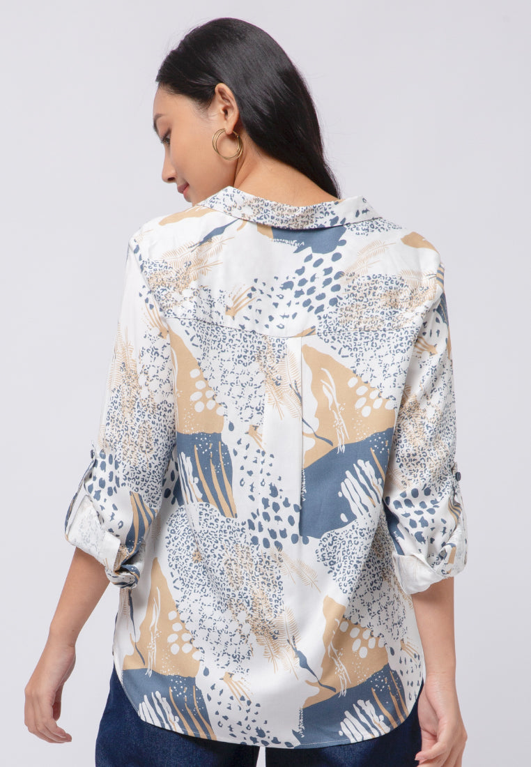 Printed V-Neck Long Sleeve Blouse