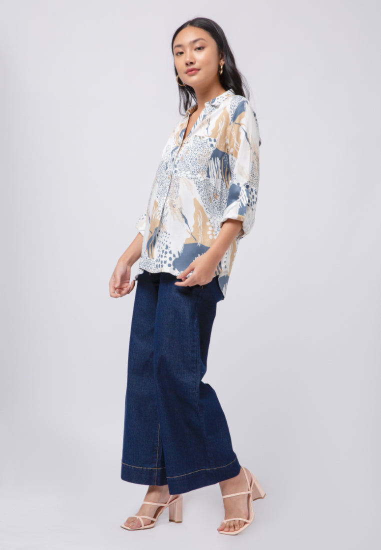Printed V-Neck Long Sleeve Blouse