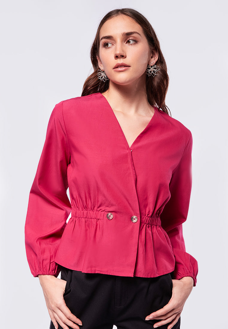 V-neck Puffy Blouse with Button Details