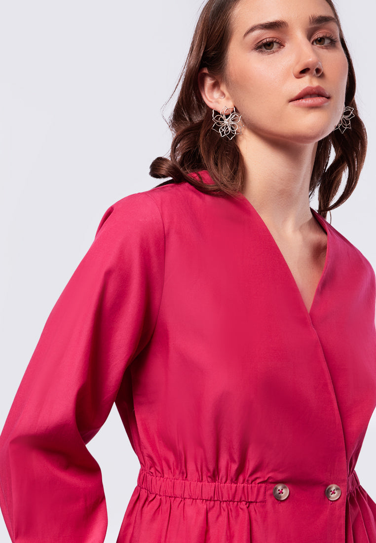 V-neck Puffy Blouse with Button Details