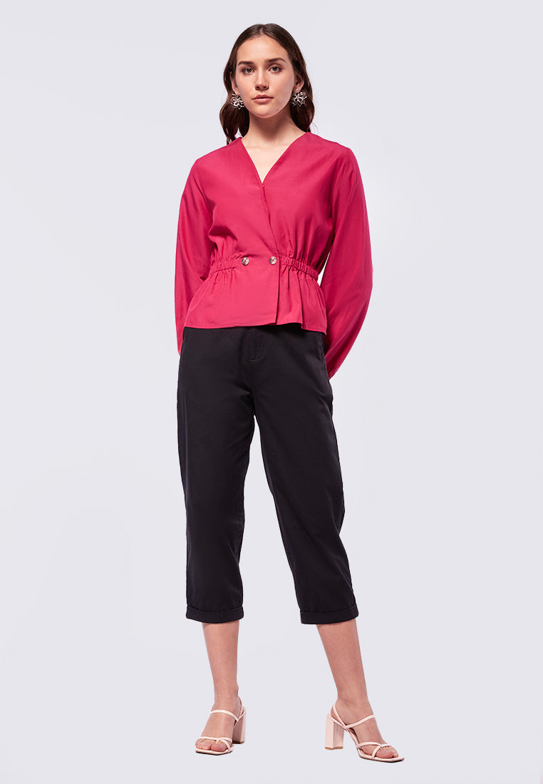 V-neck Puffy Blouse with Button Details