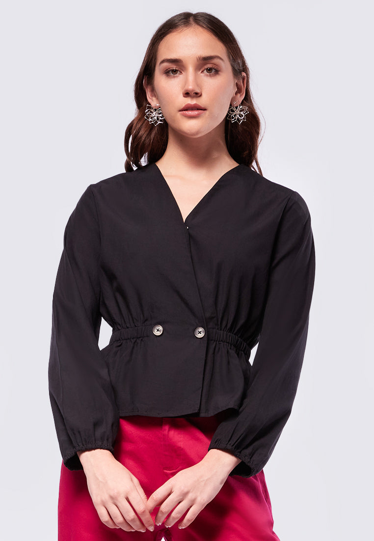 V-neck Puffy Blouse with Button Details