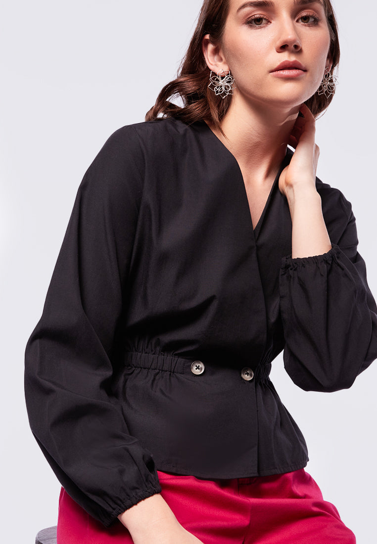 V-neck Puffy Blouse with Button Details