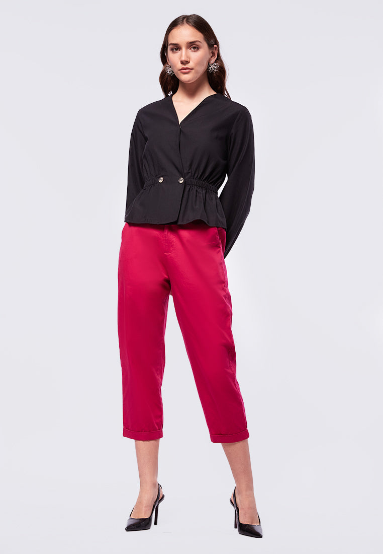 V-neck Puffy Blouse with Button Details