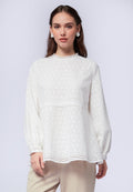 Long Sleeve Peplum Blouse with Lace Trim