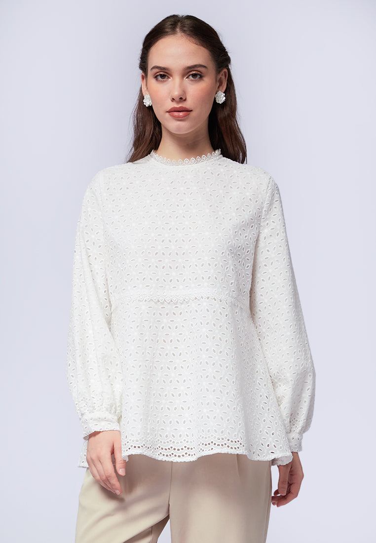 Long Sleeve Peplum Blouse with Lace Trim