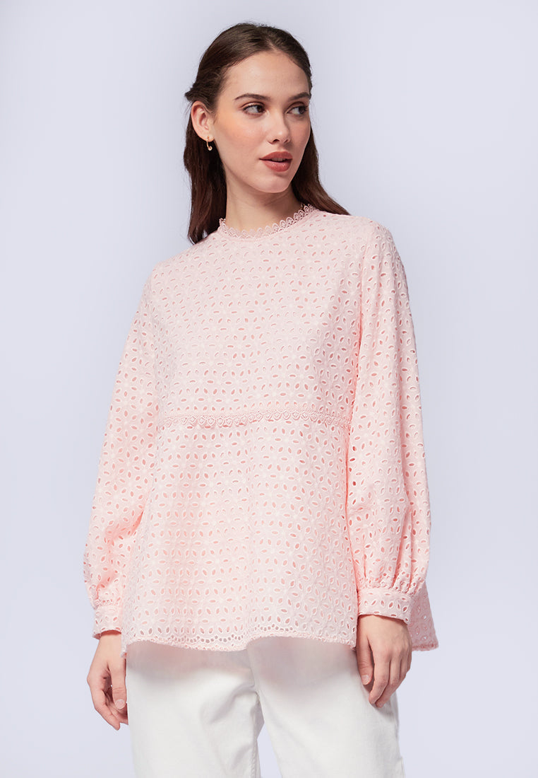 Long Sleeve Peplum Blouse with Lace Trim