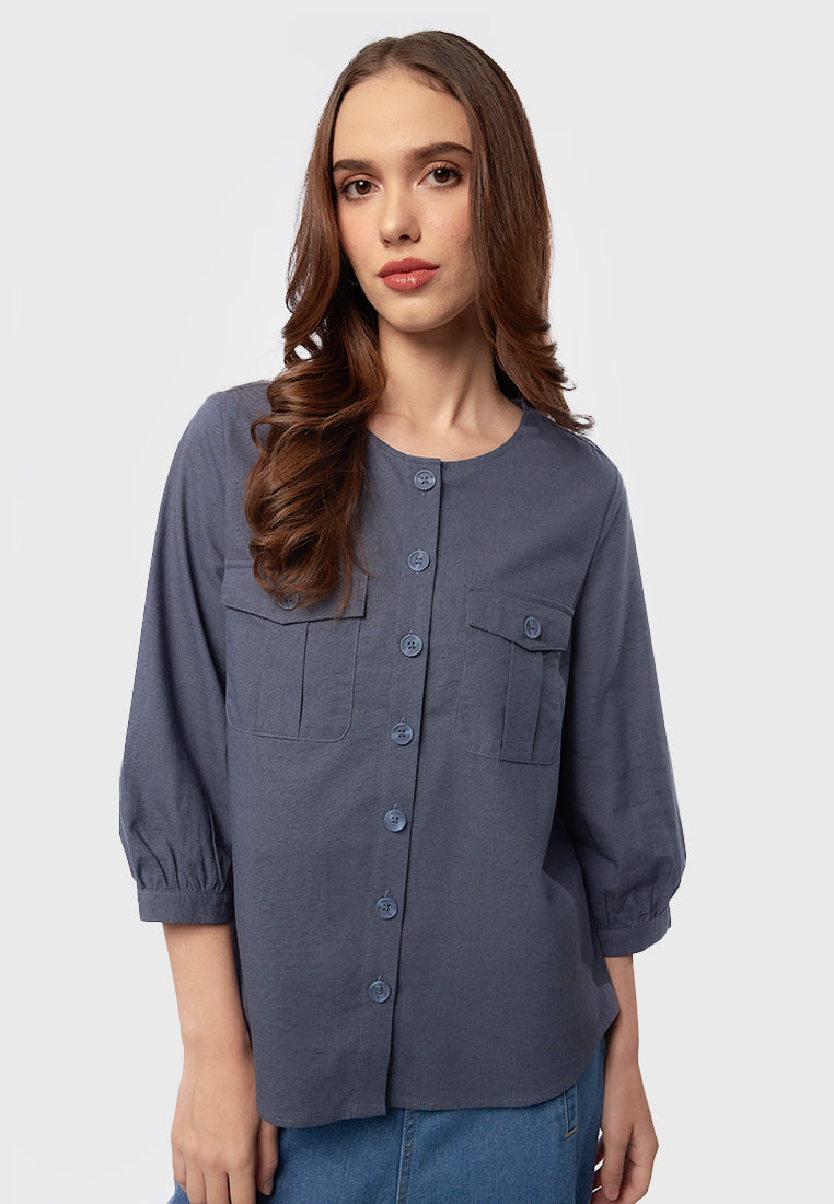 Round Neck Blouse with Patch Pocket