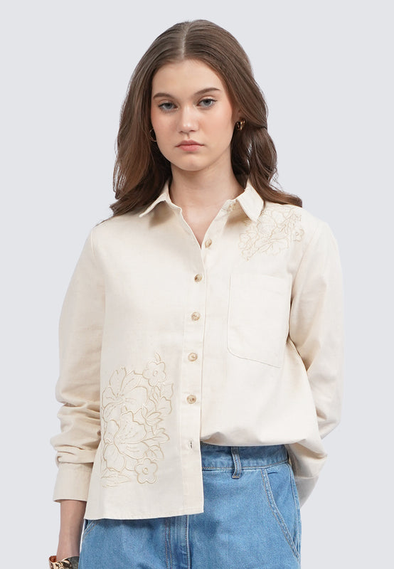 Embroidered Long Sleeve Linen Blouse