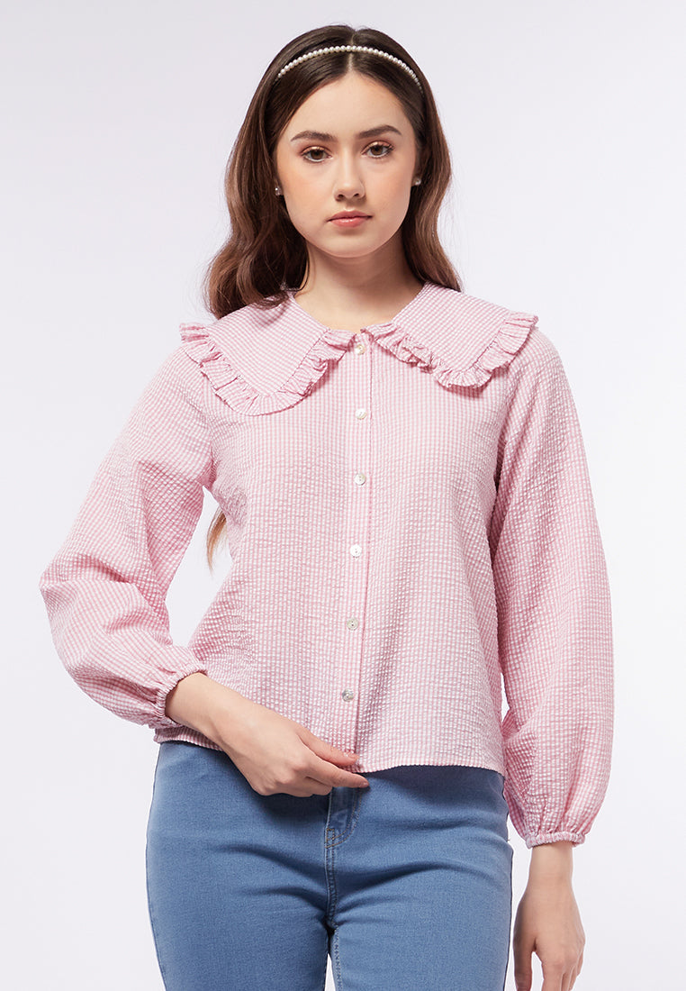 Checkered Blouse with Wide Collar