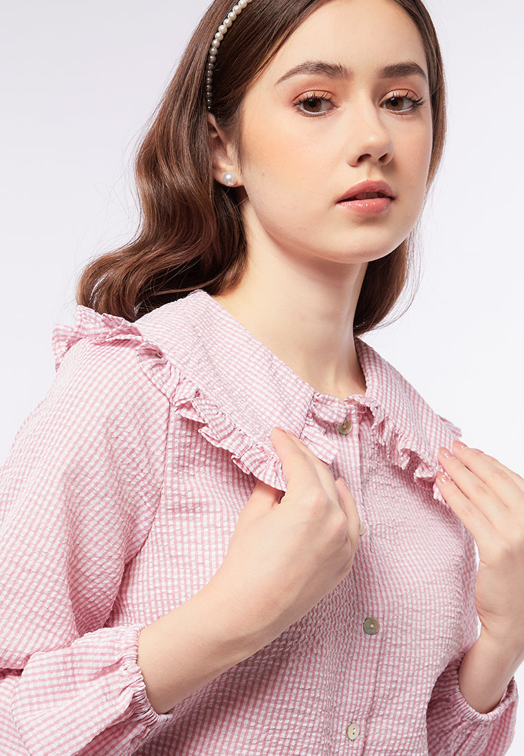 Checkered Blouse with Wide Collar