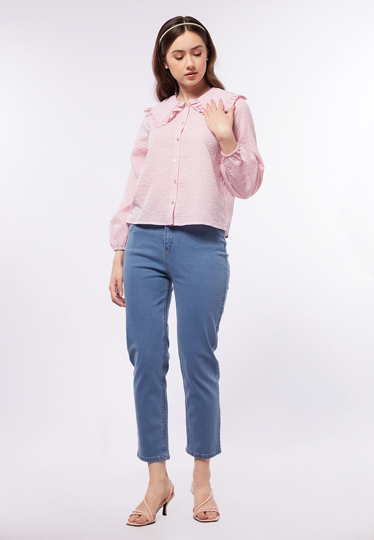 Checkered Blouse with Wide Collar
