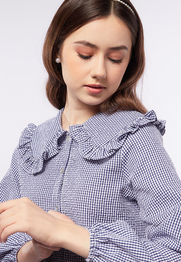Checkered Blouse with Wide Collar