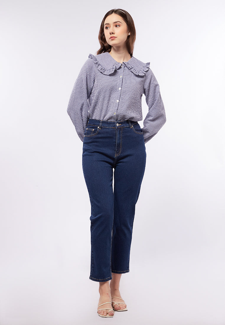 Checkered Blouse with Wide Collar