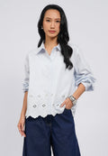 Eyelet Detail Long Sleeve Stripes Blouse