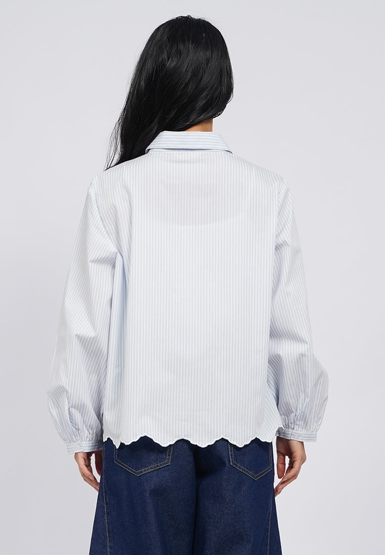 Eyelet Detail Long Sleeve Stripes Blouse