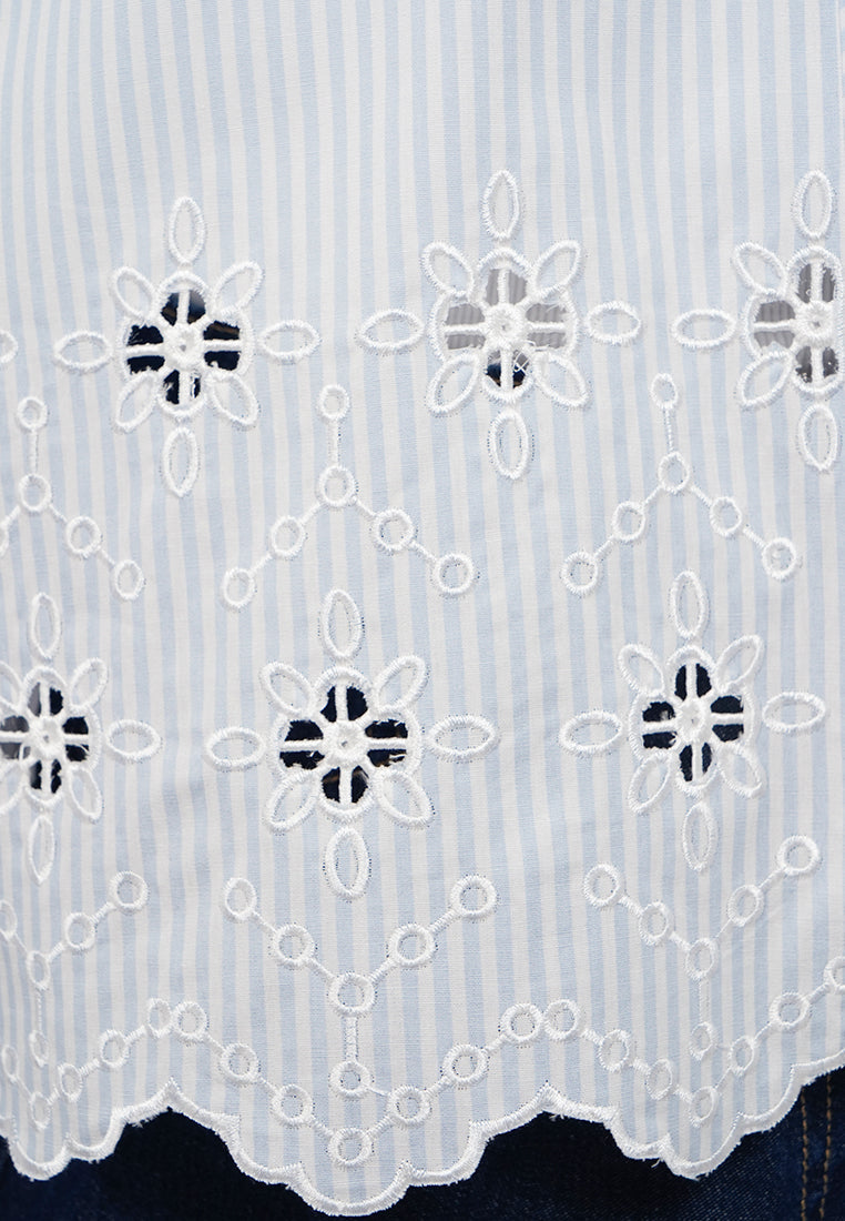 Eyelet Detail Long Sleeve Stripes Blouse