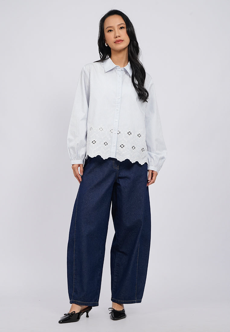 Eyelet Detail Long Sleeve Stripes Blouse