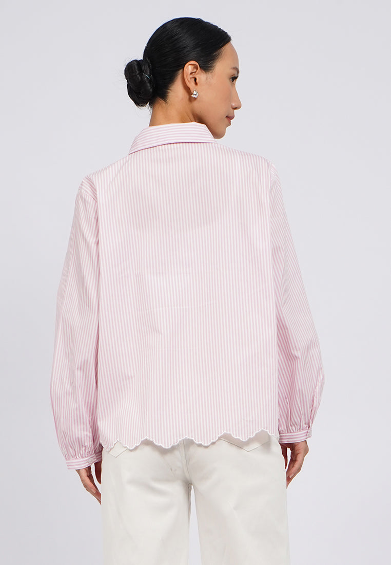 Eyelet Detail Long Sleeve Stripes Blouse