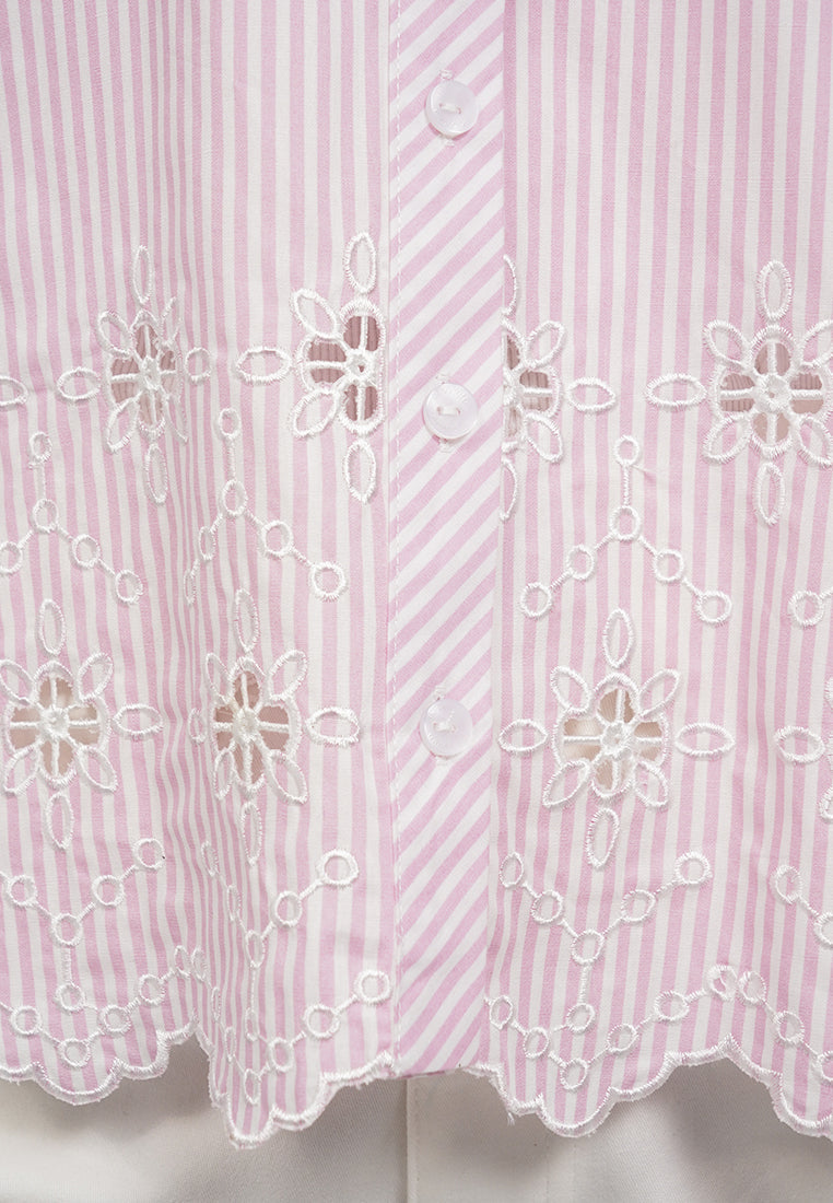 Eyelet Detail Long Sleeve Stripes Blouse