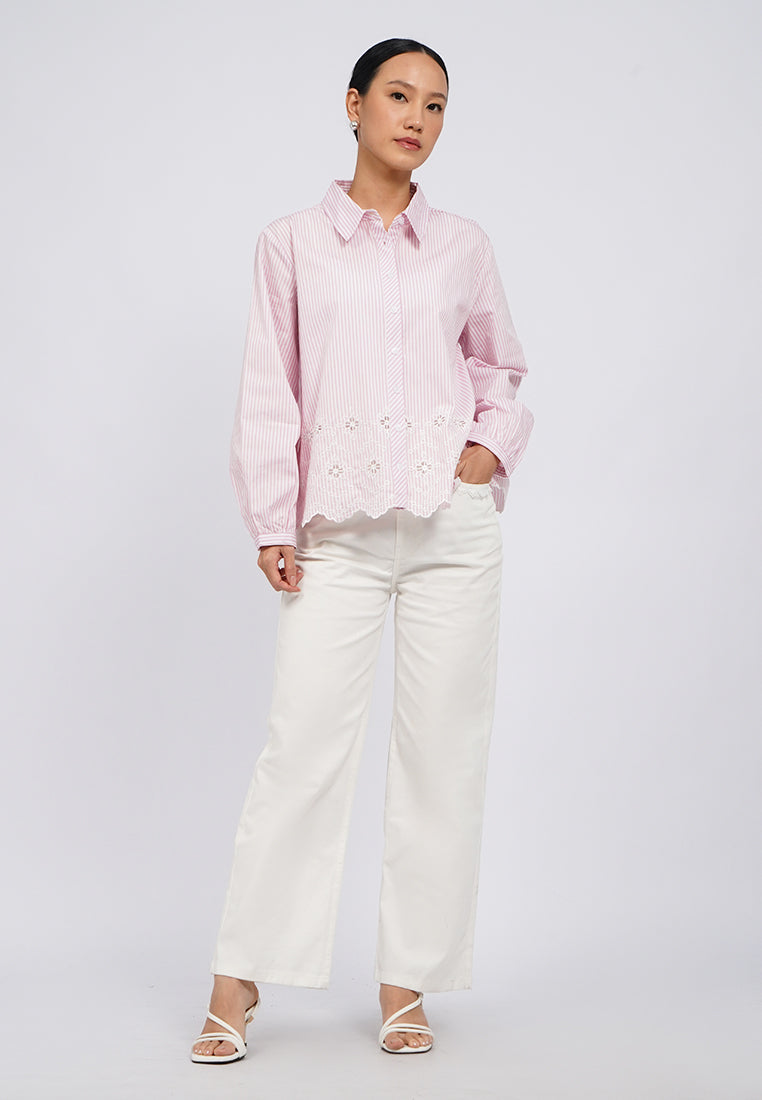 Eyelet Detail Long Sleeve Stripes Blouse