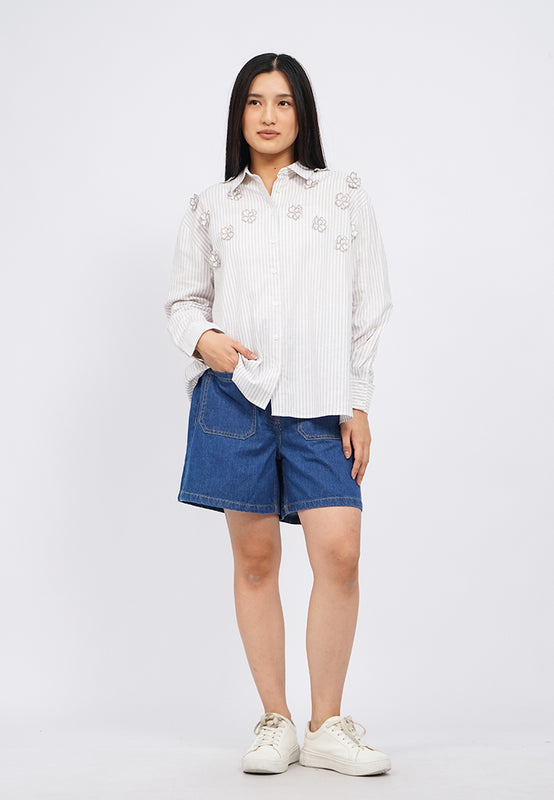 Stripes Blouse with Flower Patch Details