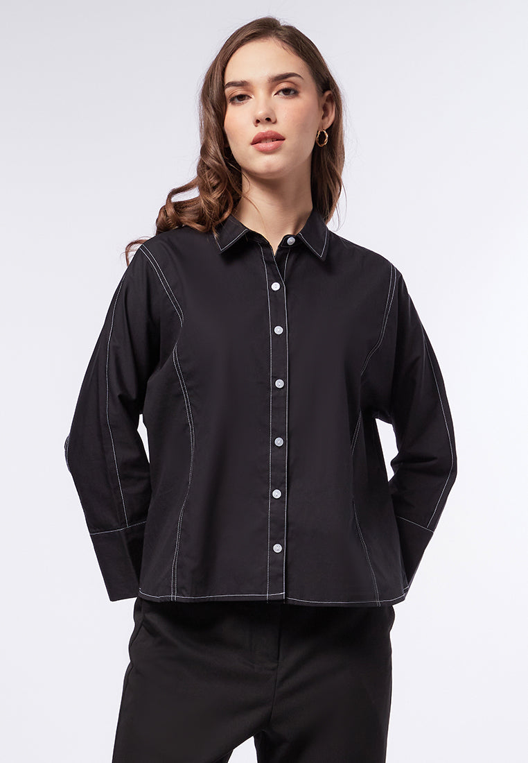 Stitched Long Sleeve Boxy Blouse