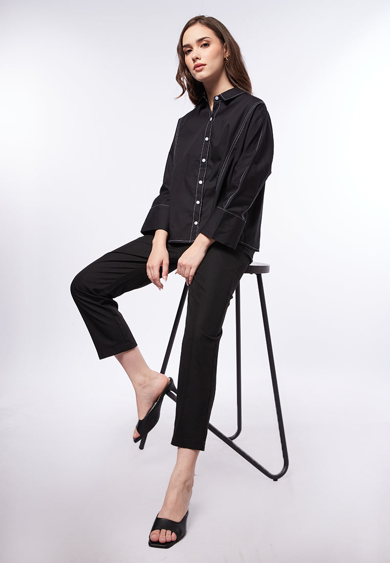 Stitched Long Sleeve Boxy Blouse