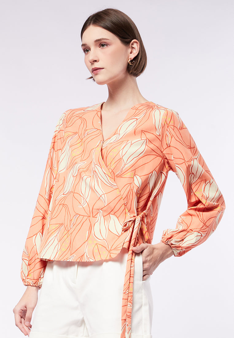 Printed V-Neck Wrap Blouse