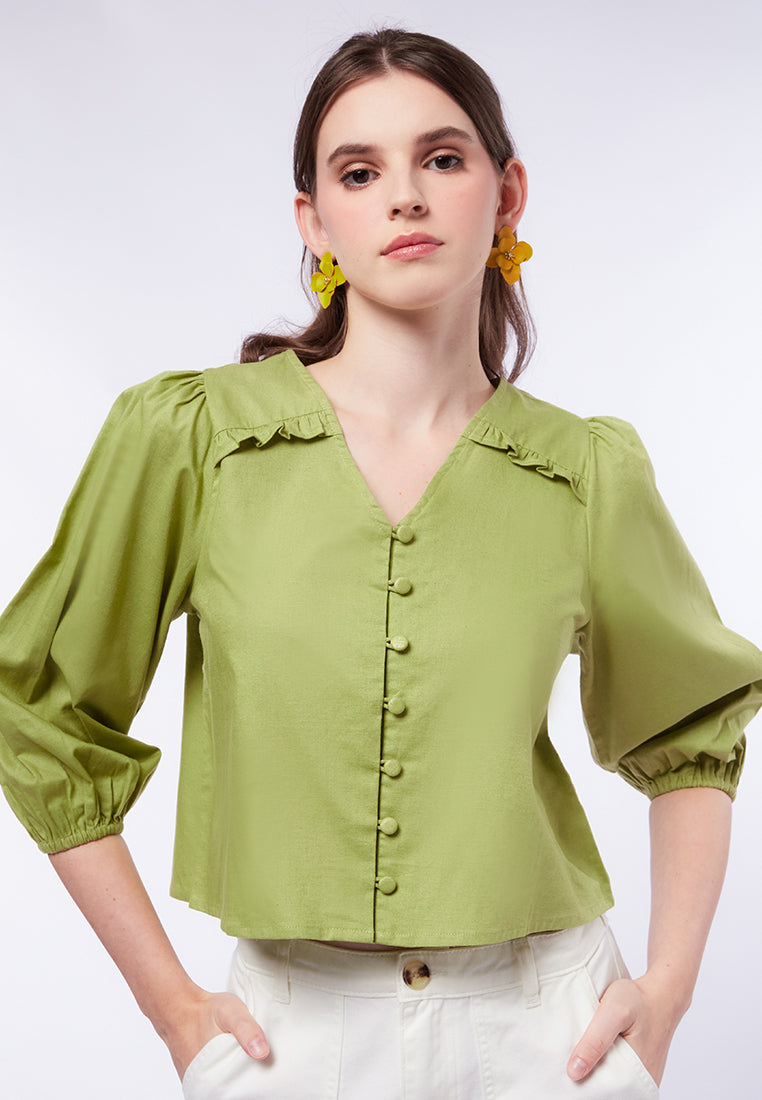 V-Neck Ruffled Long Sleeve Blouse