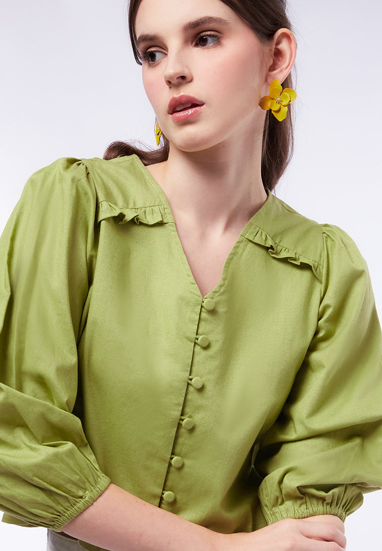 V-Neck Ruffled Long Sleeve Blouse
