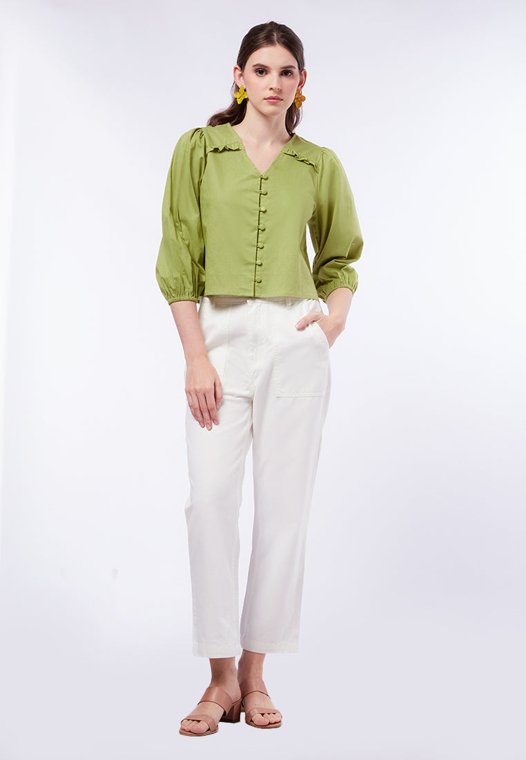 V-Neck Ruffled Long Sleeve Blouse
