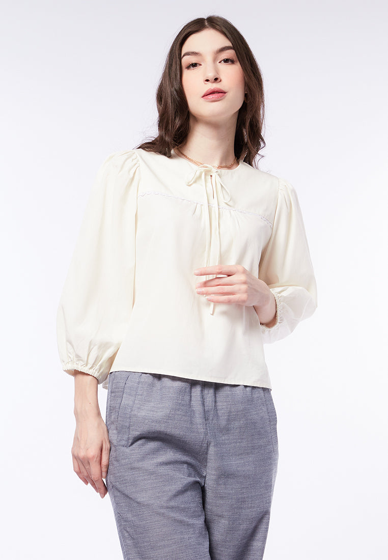 Puffy Sleeve Blouse with Lace Trim