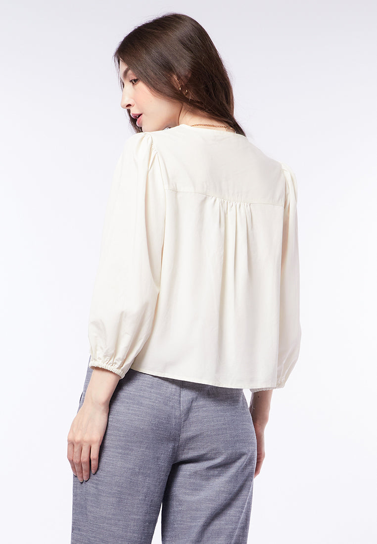 Puffy Sleeve Blouse with Lace Trim