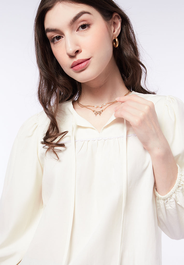 Puffy Sleeve Blouse with Lace Trim