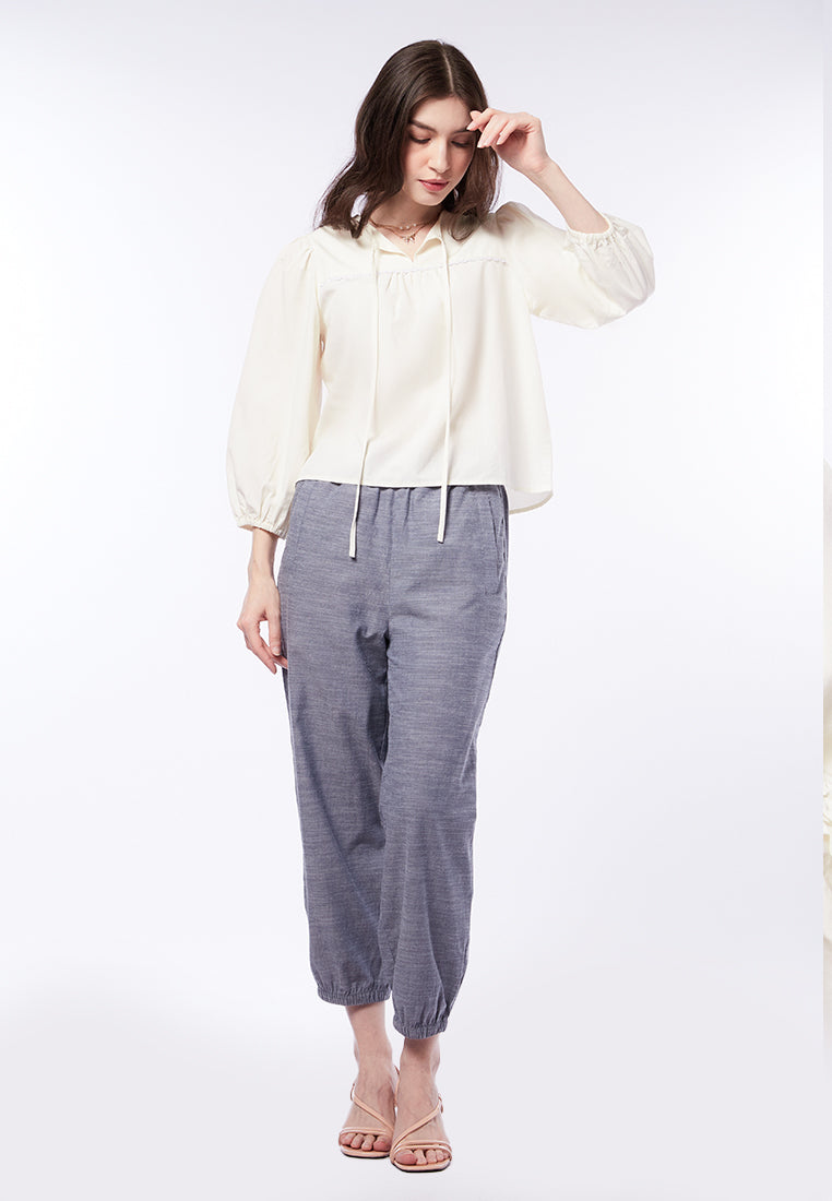 Puffy Sleeve Blouse with Lace Trim