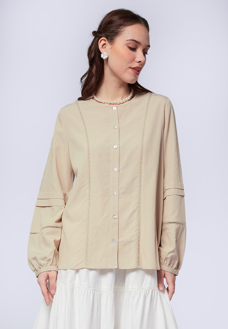 Round Neck Blouse with Lace Trim Details