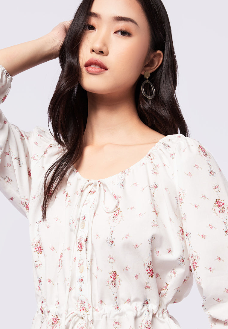 Printed top with Drawstring Neckline