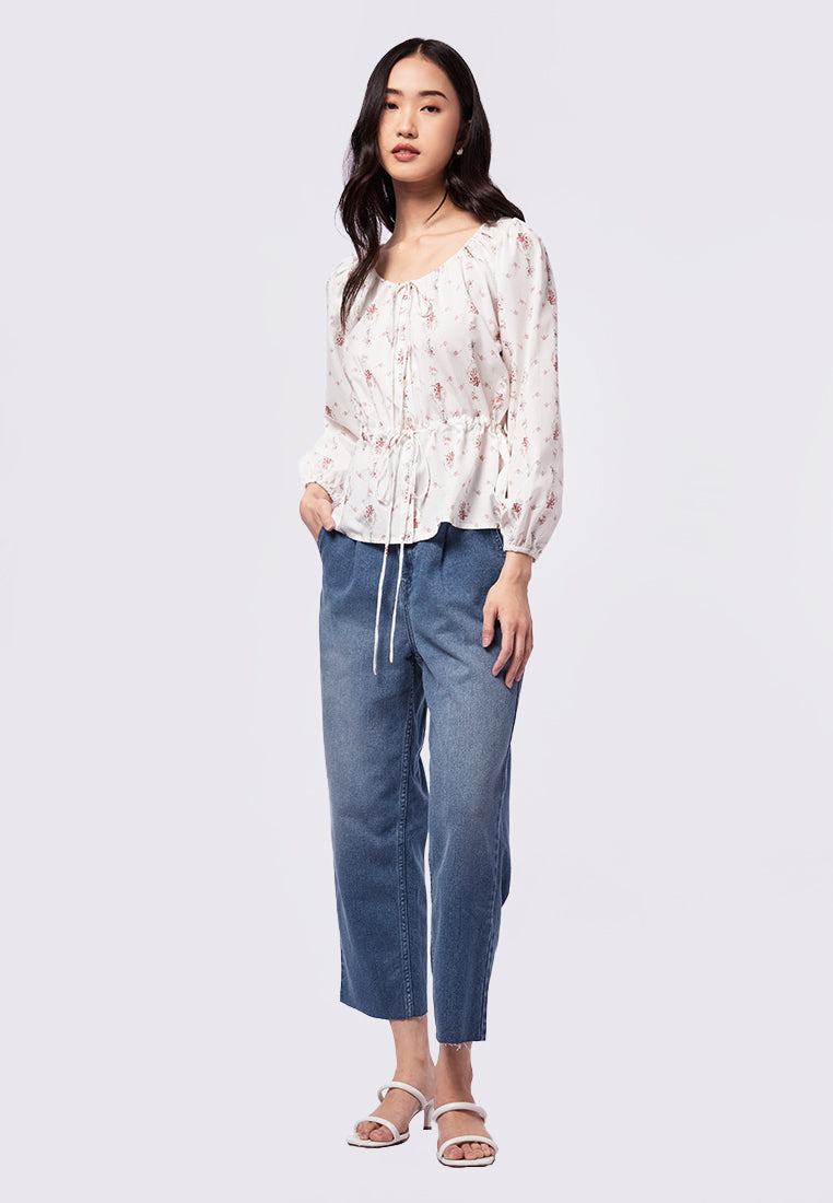 Printed top with Drawstring Neckline